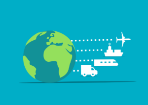Darstellung einer Weltkugel mit verschiedenen Transportvarianten (Flugzeug, Schiff, Zug, Lastwagen)