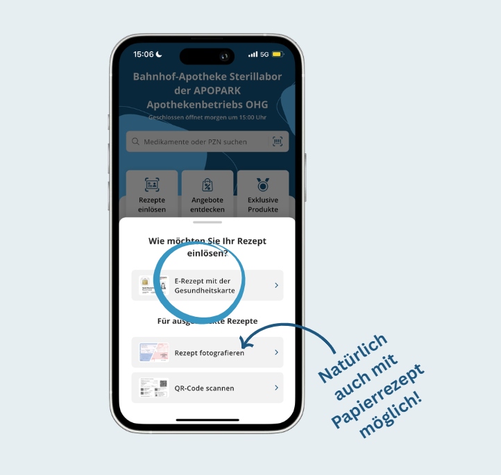 E-Rezept oder Papierrezept in der apoPark App auswählen